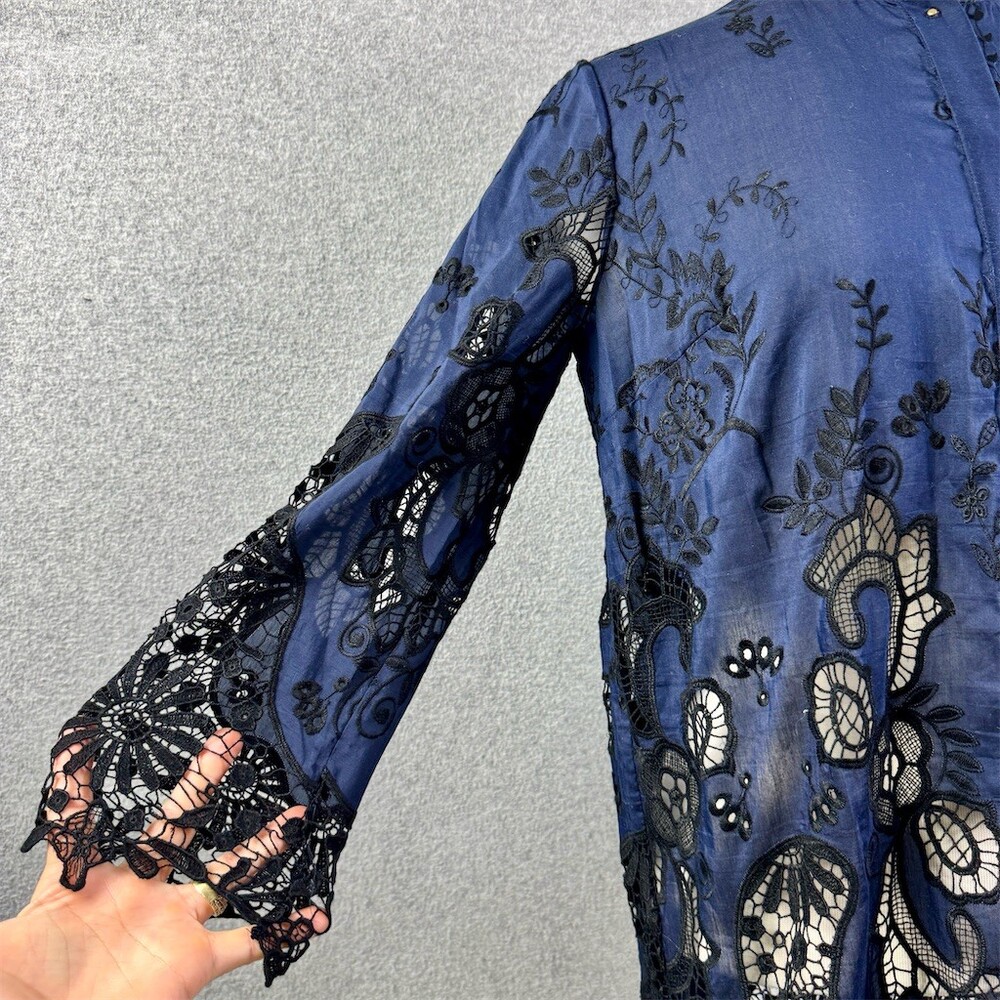 Elie Tahari Womens Tunic Cotton Silk Blend Blouse Floral Embroidery Lace Hem M - Picture 2 of 14